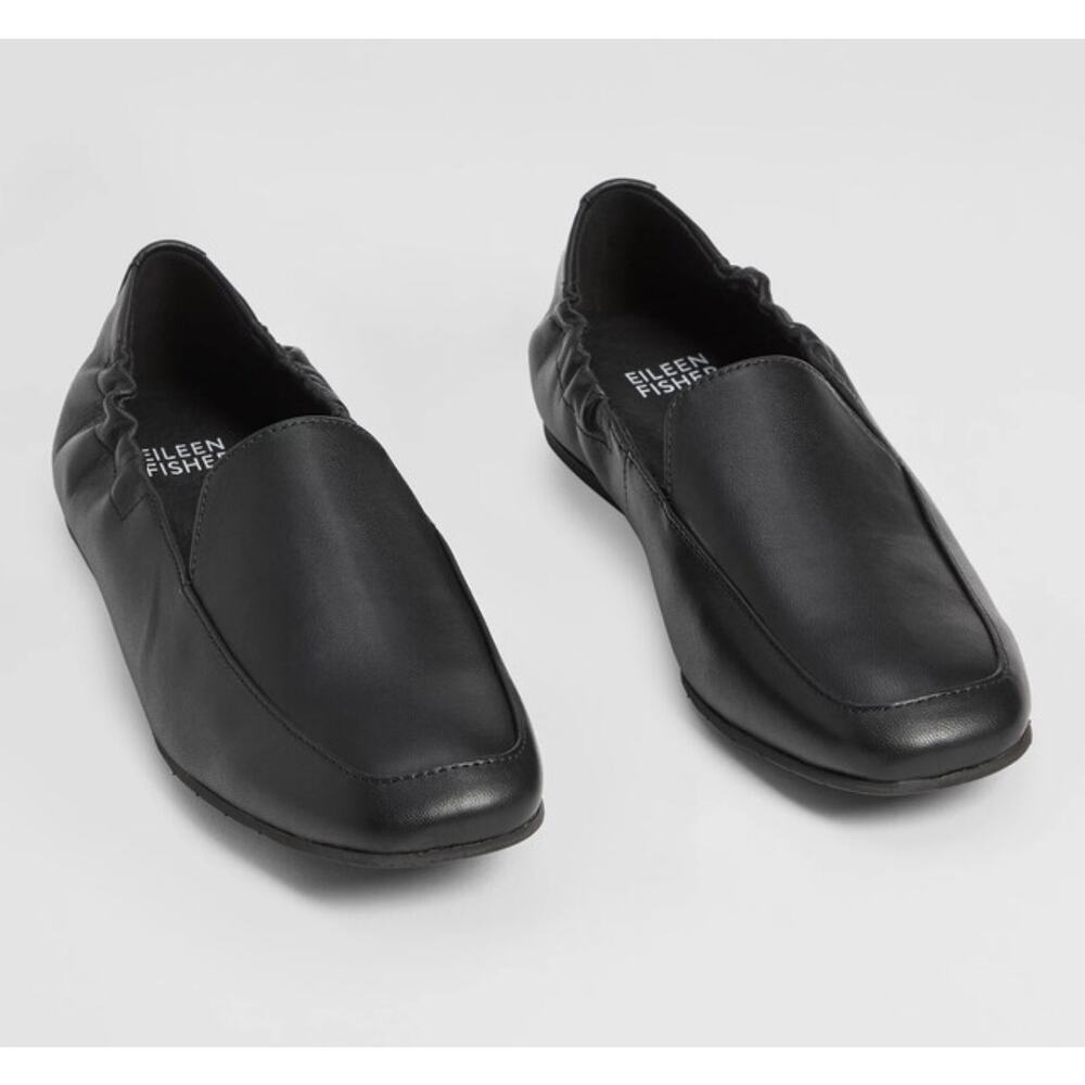 Eileen Fisher Sim Nappa Black Leather Loafer Slip On Flats Square Toe Size 10
